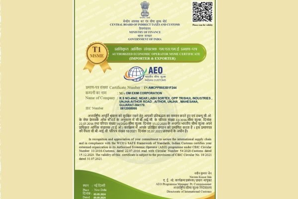 Recognized as a 3 Star Export House by the Government of India and AEO Certified for secure global trade
